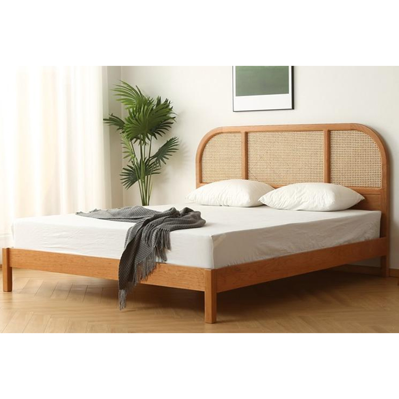 Queen with Rattan Cane Headboard Solid Wood Bed