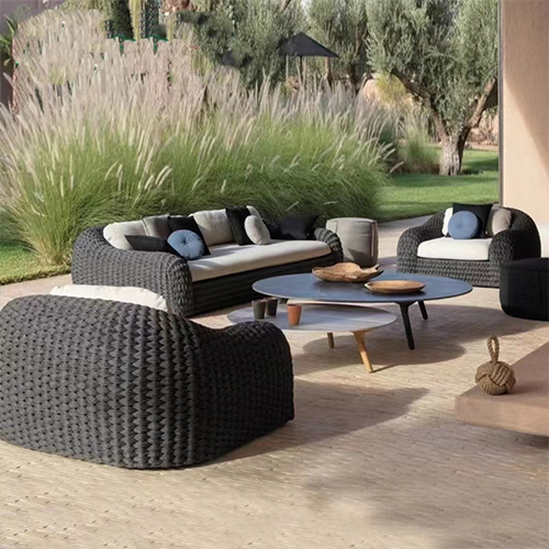 6 Pieces Woven Rope Outdoor Sofa Set Faux Marble Coffee Table