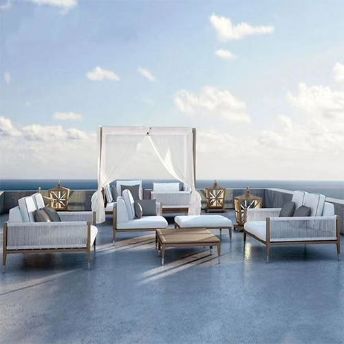Two seat sofa constructed with a teak frame and weaved Rope